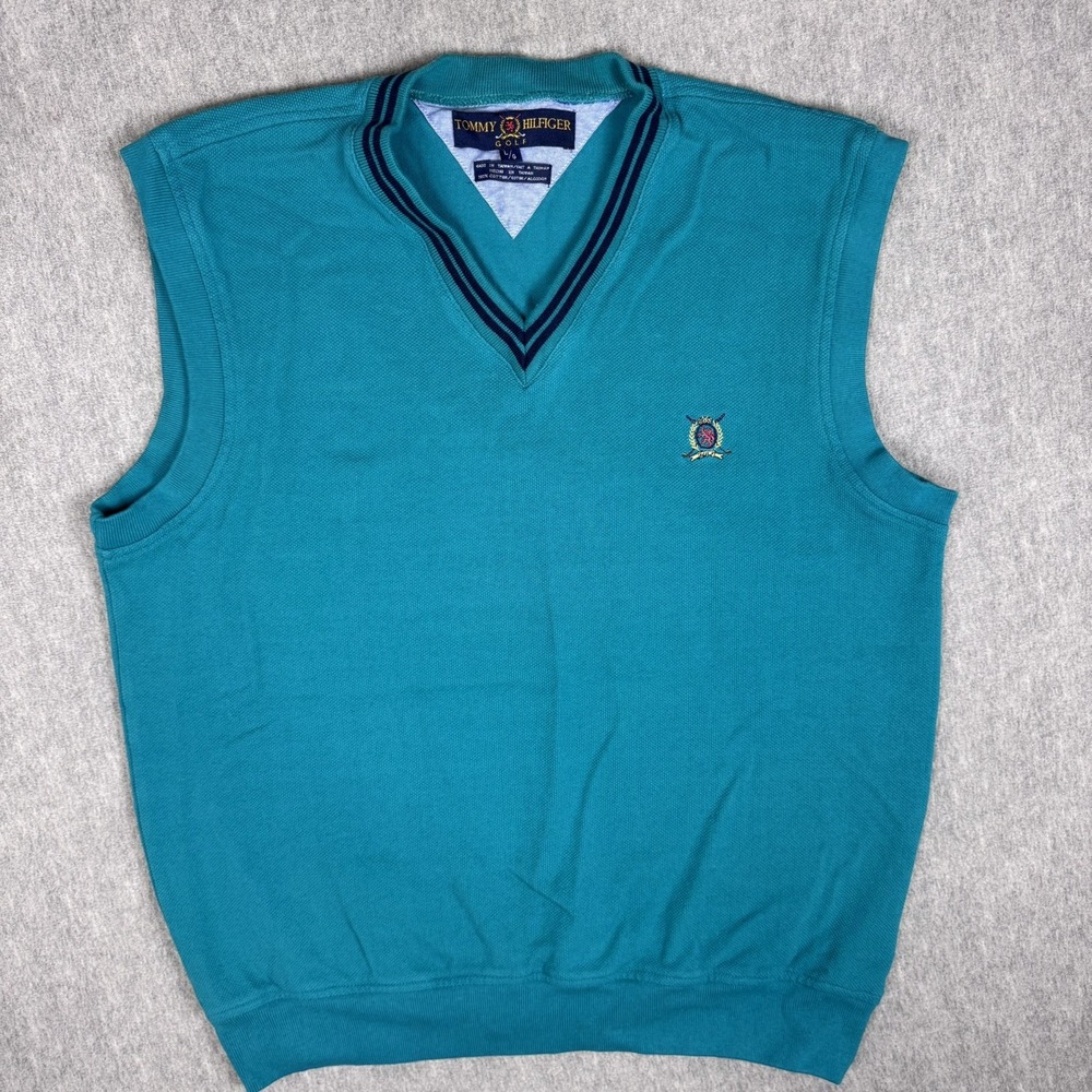 Vintage Tommy Hilfiger Golf Sweater Vest Men L Teal Crest V Neck 100% Cotton